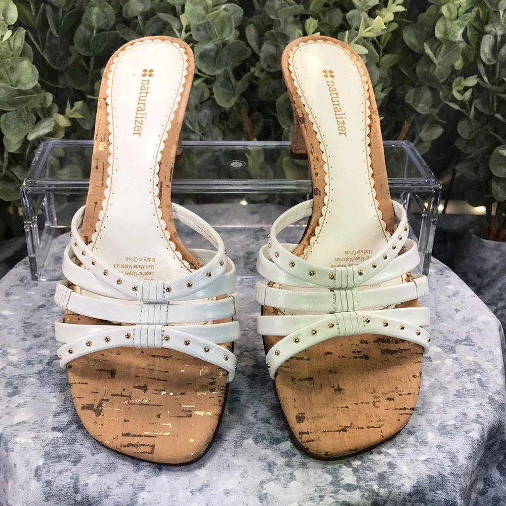 Naturalizer Sana White Banded 2.5” Cork Heels Women’s 8.5M narrow comfortable - Picture 2 of 12